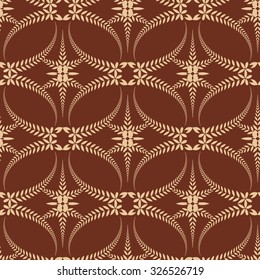 Seamless lace pattern. Vintage, curled texture. Spiral, swirl silhouettes with laurel leaves. Floral theme. Twist ornament.  Light orange figure on brown, terracotta background. Vector illustration