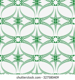 Seamless lace pattern. Vintage, curled texture. Spiral, swirl silhouettes with laurel leaves. Floral theme. Twist ornament. Green figure on white background. Vector illustration