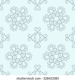 Seamless lace pattern. Vintage, curled texture. Spiral, swirl silhouettes floral snowflakes. Twist ornament of laurel leaves. Dark gray figure on light gray background. Silver colored. Vector