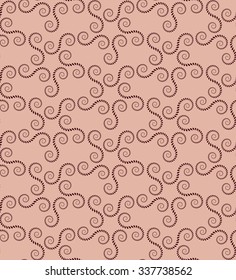 Seamless lace pattern. Vintage, curled texture. Spiral, swirl silhouettes floral snowflakes. Twist ornament of laurel leaves. Dark figure on light rose, cream background. Winter theme colored. Vector
