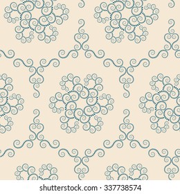 Seamless lace pattern. Vintage, curled texture. Spiral, swirl silhouettes floral snowflakes. Twist ornament of laurel leaves. Dark blue figure on light yellow background. Winter theme colored. Vector