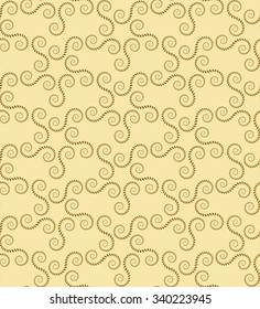 Seamless lace pattern. Vintage, curled texture. Spiral, swirl silhouettes floral snowflakes. Twist ornament of laurel leaves. Dark figure on light yellow, gold background. Winter theme colored. Vector