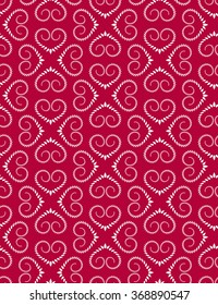 Seamless lace pattern. Vintage curled texture. Swirl floral heart signs. Twist ornament of laurel leaves. White figures on dark magenta background. Love, birthday, Valentine day, sale. Vector