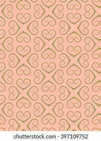 Seamless lace pattern. Vintage curled texture. Swirl silhouettes floral heart signs. Twist ornament of laurel leaves. White figure on bright magenta background. Love, birthday, sale theme. Vector
