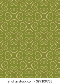 Seamless lace pattern. Vintage curled texture. Swirl silhouettes floral heart signs. Twist ornament of laurel leaves. White figure on bright magenta background. Love, birthday, sale theme. Vector