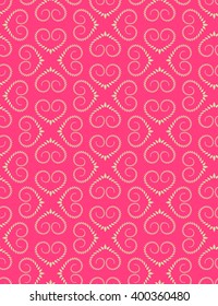 Seamless lace pattern. Vintage curled texture. Swirl silhouettes floral heart signs. Twist ornament of laurel leaves. Rosy yellow soft colored background. Love, birthday, sale theme. Vector