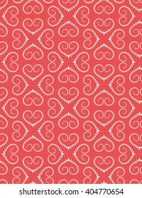 Seamless lace pattern. Vintage curled texture. Swirl silhouettes floral heart signs. Twist ornament of laurel leaves. Red, white colored background. Love, birthday, sale theme. Vector