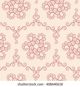 Seamless lace pattern. Vintage swirl texture. Spiral floral snowflakes. Twist ornament of laurel leaves. Dark red on light rose colored background. Vector