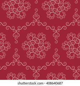 Seamless lace pattern. Vintage swirl texture. Spiral floral snowflakes. Twist ornament of laurel leaves. Light rosy on dark red colored background. Vector