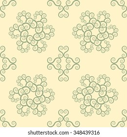 Seamless lace pattern. Vintage texture. Spiral swirl figures, floral snowflakes. Twist ornament of laurel leaves. Yellow, green colored background. Vector