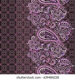 Seamless lace purple pattern with paisley and flowers. Traditional ethnic ornament,. Vector print. Use for wallpaper, pattern fills,textile design.
