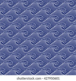Seamless lace sea pattern. Stylized waves. Blue marine background. Vector illustration.