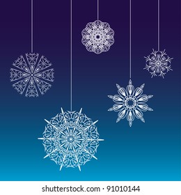 Seamless lace snowflakes on threads background