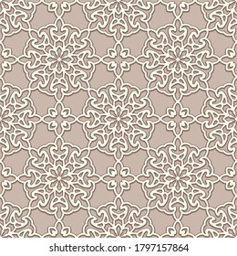 Seamless lace texture, swirly line pattern, ornamental vector background in beige color