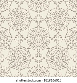 Seamless lace texture, vintage swirly pattern, ornamental vector background in light beige color