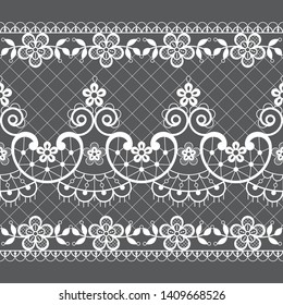 Seamless lace vector pattern - retro weddin style, ornamental repetitive design with flowers and swirls in white on gray background. Detailed laces frame, retro decoration with repetitive shapes