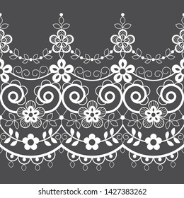 Seamless lace vector vector pattern, white retro ornamental repetitive design with flowers - greeting card, textile design. Ornametnal lace frame or border, vintage decoration with repetitive elements