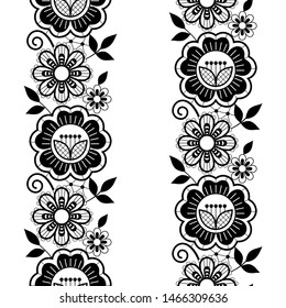 Seamless lace vertivcal long pattern set, monochrome horizontal design with roses, flowers and swirls, detailed. Retro style lace background in black and white, detailed textile decoration inspired by