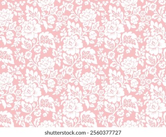 Seamless lace with white mughal floral pattern on a pink background.