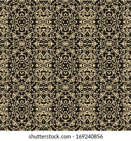 Seamless laced pattern, golden ornament on dark background