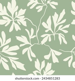 Seamless laconic floral ink set vector trending pattern, handmade doodle drawing for fabric design, decor, ceramics, greeting cards, flowers, texture print on a green background