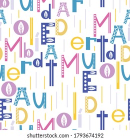 Patrón laconico sin foco de letras latinas multicolores sobre fondo blanco.
