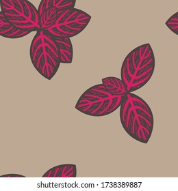 Seamless laconic pattern for textile, postcards, backgrounds or scrapbooking. Beautiful bright leaves on a light background with pink veins. Fittonia plant. EPS 10
