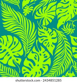 Seamless laconic tropical ink vector bright doodle pattern, hand sketched with palm leaves, monstera for fabric, decor, ceramics, cards, flowers, texture print on green background