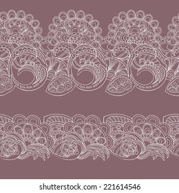Seamless lacy borders, ornamental flowers. Hand drawn vector pattern. All textures are individual objects.