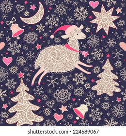 Seamless lacy pattern with sheep, xmas tree, moon, star, bell and snowflakes. Christmas background, greeting card. Vector illustration.