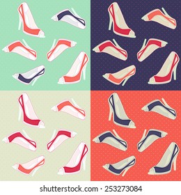 Seamless ladies retro high heels shoes pattern in four color style 