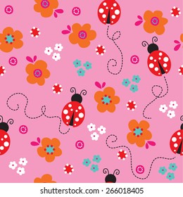 Seamless Lady Bug With Flower Pattern Vector Illustration