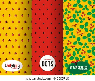 Seamless Ladybug dots pattern. Different ladybugs isolated on yellow background. Strawberry fruit and leaves with flying ladybug pattern.