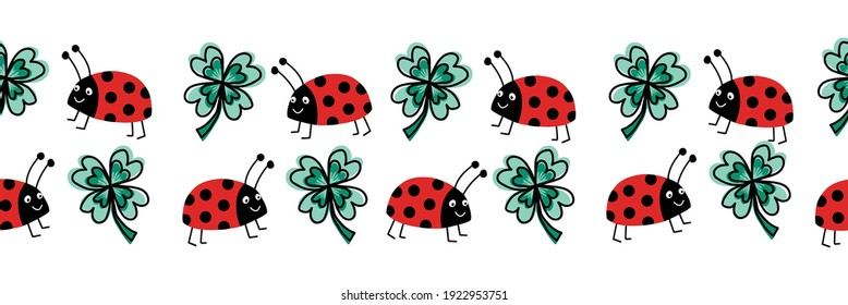 Seamless ladybug and four leaf clover vector border. Flat red Ladybugs and clover leaves on white horizontal repeating pattern. Cute good luck charms animal kids design for print, fabric trim, footer.