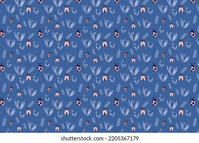 Decoración de patrones de mariposa impecable con insectos e íconos de flores. Diseño interminable de patrones florales en un fondo azul. Resumen vector de patrones de insectos para tarjetas de regalo, fondos y sábanas.