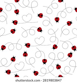 Seamless ladybug pattern featuring adorable red beetles with black dots. Vector illustration on white.