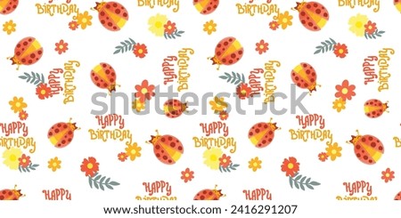 Seamless Ladybug pattern with flowers. Flora ornament with ladybug's.