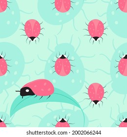 Seamless ladybug pattern with silhouette insect, leaf. Summer background. For fabric textile, wrapping, wallpaper, clothers print. Vector illustration