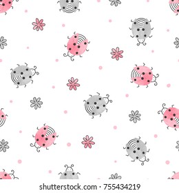 Seamless ladybugs and flowers pattern. Vector background for kids.