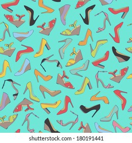 Seamless lady's shoes colorful pattern. Green background.