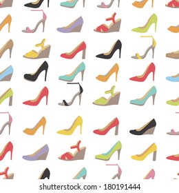 Seamless lady's shoes colorful pattern. White background.