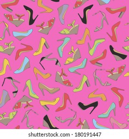 Seamless lady's shoes colorful pattern. Pink background.
