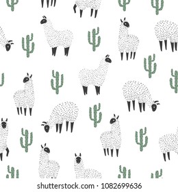 Seamless lama and cactus pattern. Vector background.