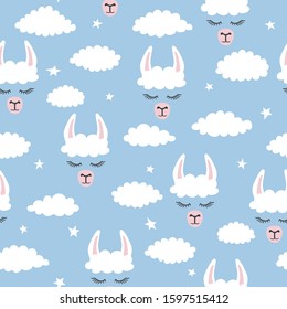 Seamless lama pattern. Vector blue background with alpaca and clouds.