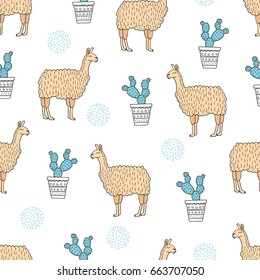 Seamless lamas and cactus pattern. Vector background.