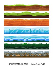 Seamless land horizontal layers set, geology and environment concept. Water and solid surface. Vector flat style cartoon illustration isolated on white background