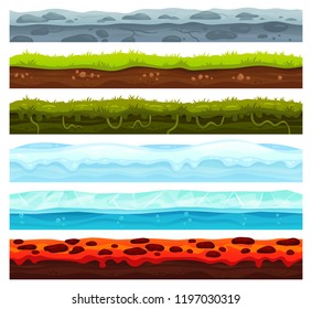 Seamless Land Layers. Dirt Ground Landscape Game Asset, Ice With Snow Caps And Lava Floor. Cartoon Surface Grass Soil Texture, Water And Dirt Rock Road For Games Level Vector Assets Set