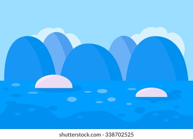 Seamless Landscape of Blue Snowy Mountain Background with Ocean and Ice Berg for Game, Vector Illustration