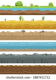 Nahtlose Landschaftsgrenzen. Der Boden gibt endlosen Hintergrund, Spielumgebungen vor. Natürliche horizontale Land Streifen Struktur Sammlung, Felsen und Wiese, Wüste und Wasser. Helle Cartoon-Vektorgrafik-Set