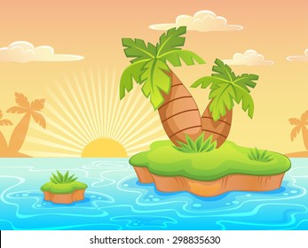 Seamless landscape with cartoon deserted beach and palm trees